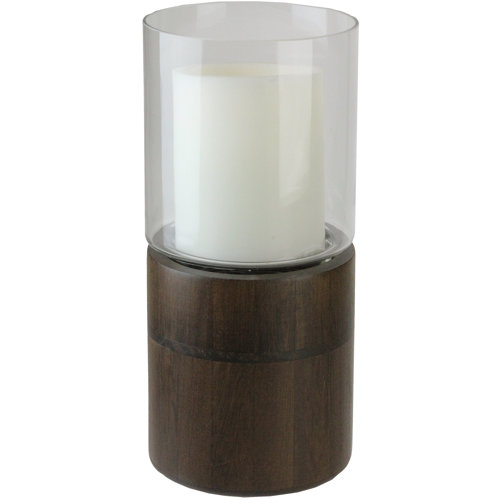 Northlight Clear Glass Hurricane Pillar Candle Holder with Wooden Base